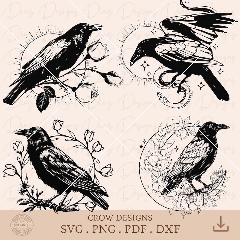 Two Crows Svg Floral Crow Clipart, Raven Moon Svg, Flower Raven Tattoo Png, Halloween ...