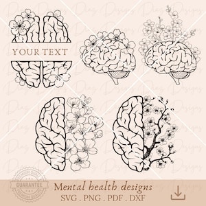 Mental Health Bundle SVG, florales Gehirn SVG, gesunder Geist PNG, menschliches Gehirn PNG, Anatomie-Schnittdatei, gesundes Gehirn, Kirschblüten PNG.
