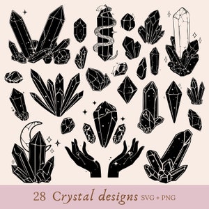 May include: A set of 28 black and white crystal designs, including various shapes and sizes. The crystals are outlined in black and have a detailed, intricate design. The text "28 Crystal designs SVG + PNG" is at the bottom of the image.
