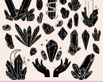 May include: A set of 28 black and white crystal designs, including various shapes and sizes. The crystals are outlined in black and have a detailed, intricate design. The text "28 Crystal designs SVG + PNG" is at the bottom of the image.
