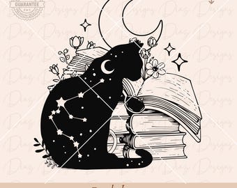 Book cat svg, floral book svg, cat reading svg, book lovers png, mystical cat svg, wildflower book svg, stacked books svg, cat moon cricut.