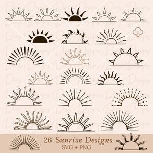 Peut inclure: Un ensemble de 26 designs de lever de soleil en noir et blanc. Les levers de soleil sont de styles variés, notamment simples, détaillés et géométriques. Le texte "26 Sunrise Designs" et "SVG + PNG" se trouve en bas de l'image.
