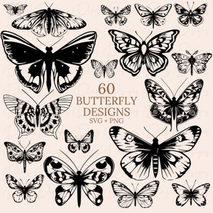 Ensemble SVG de papillons, pack PNG de papillons, clipart de papillons, fichiers de découpe de papillons, silhouette de papillon, camée de circuit de papillons.