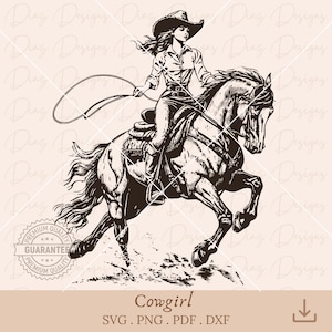 Retro Cowgirl-Pferd-SVG, Cowgirl-Rodeo-Cricut, Pferde-Lasso-Clipart, Wüstenszene-SVG, Western-Cowgirl-PNG, Wild-West-Clipart.