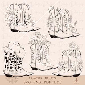 Bottes de cowboy svg, bottes de cowboy florales png, bottes western cricut, bottes coupées fichier, far west png, enterrement de vie de jeune fille png