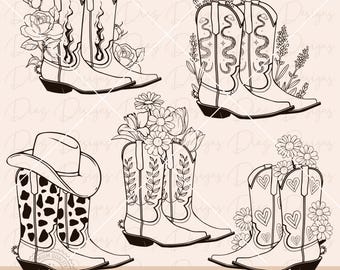 Cowboystövlar svg, blommiga cowboystövlar png, Cricut westernstövlar, klippta stövlar-fil, vilda västern png, möhippa png