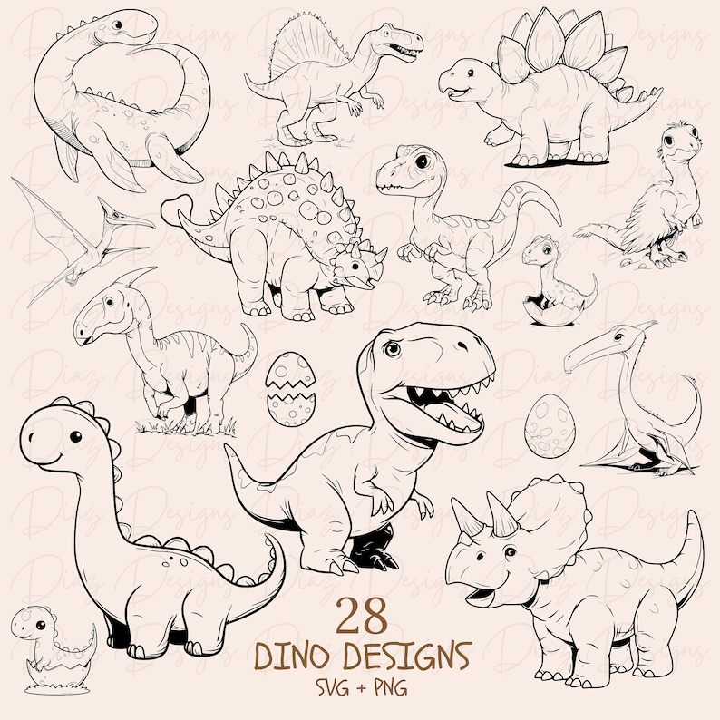 May include: A set of 28 black and white dinosaur illustrations, including a stegosaurus, triceratops, brachiosaurus, and a T-Rex. The illustrations are in a cartoon style and are perfect for use in crafts, scrapbooking, or digital design. The text "28 Dino Designs SVG + PNG" is at the bottom of the image.