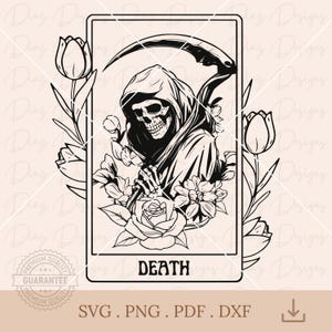 Tarotkarte Todesskelett SVG, Sensenmann Totenkopf PNG, Tarotschädel Clipart, Tarothexe PNG, Tod Clipart, mystisches SVG, Halloween Cricut.