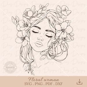 Floral woman svg, floral woman clipart cut file, woman line png, flower floral head svg, woman floral face svg, women fine line drawing svg.