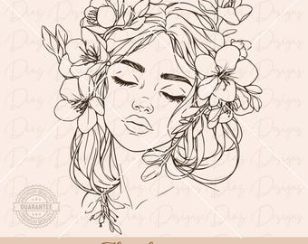 Floral woman svg, floral woman clipart cut file, woman line png, flower floral head svg, woman floral face svg, women fine line drawing svg.