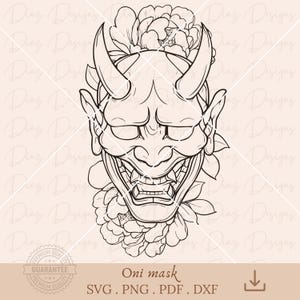 Puede incluir: Ilustración en blanco y negro de una máscara Oni con cuernos, dientes afilados y elementos florales. El texto "Oni mask" se muestra debajo de la imagen, junto con las opciones de tipo de archivo.