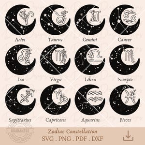Constellation signe du zodiaque svg, symbole horoscope png, étoile du zodiaque png, clipart astrologie, paquet svg zodiaque, bélier svg, balance svg.