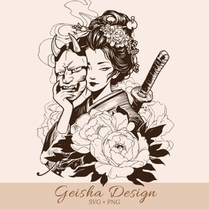 Geisha svg cut file, japanese geisha png, geisha clipart, geisha hannya mask svg, geisha tattoo design svg, japanese girl svg, oni mask svg