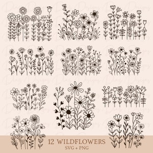 Wildflower border svg, row of flowers svg, flower field svg, botanical border svg, floral frame svg, doodle flower svg, wildflower clipart