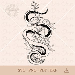 Cobra floral svg, clipart de flores de cobra, réptil svg, peônia svg png clipart, desenho de tatuagem de cobra svg, flores de cobra cricut.