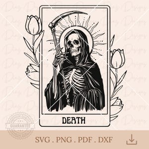 Skelett Tod Tarot Karte SVG, Sensenmann png, Totenkopf Tarot Clipart, Hexe Tarot Vektor, Sensenmann Clipart, mystisches SVG, Halloween Cricut
