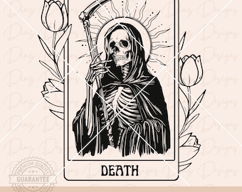 Skeleton death tarot card svg, grim reaper png, skull tarot clipart, witch tarot vector, reaper death svg, mystical svg, halloween cricut.