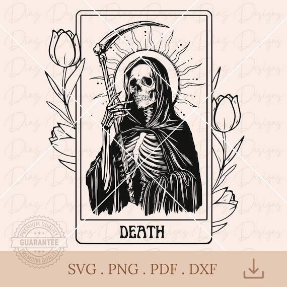 スケルトンデスタロットカードSVG、死神PNG、スカルタロットクリップ