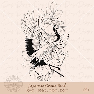 Japanse kraanvogel svg, bloemige kraanvogel vector, kraanvogel clipart, Japanse vogel png, Japans tatoeage ontwerp png, kraanvogel tatoeage cricut.