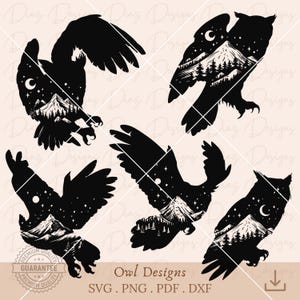 Silhouette de hibou svg, clipart de hibou volant, clipart de scène de montagne, vecteur d'oiseau hibou, hibou cricut, hibou mignon svg, silhouette de lune de forêt png.