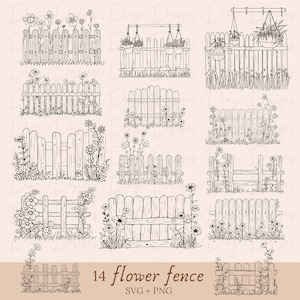 Gartenzaun Blumen SVG, Garten Pflanzenzaun Vektor, Blumenzaun png, botanischer Zaun Clipart, Garten Blatt Zaun Cricut, Obstgarten Zaun png