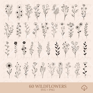Puede incluir: Un conjunto de 60 dibujos en blanco y negro de flores silvestres. Los dibujos son simples y elegantes, y serían perfectos para usar en una variedad de proyectos, como scrapbooking, creación de tarjetas o diseño digital.  60 Wildflowers SVG + PNG