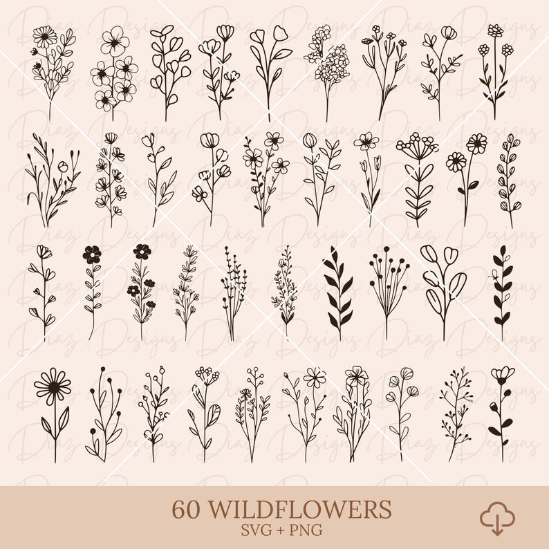 May include: A set of 60 black and white line drawings of wildflowers. The drawings are simple and elegant, and they would be perfect for use in a variety of projects, such as scrapbooking, card making, or digital design.  60 Wildflowers SVG + PNG