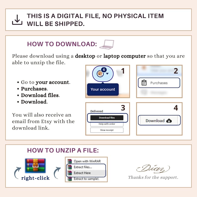 May include: A digital download instruction guide with a laptop icon, numbered steps, and screenshots of the Etsy website. The guide explains how to download and unzip a digital file.