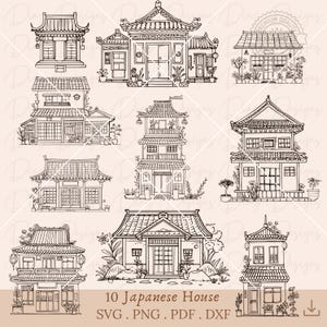 Casa floreale giapponese in formato SVG, clipart della casa giapponese, dolce casa in formato SVG, immobiliare in formato SVG, file di taglio della casa cinese, clipart di architettura giapponese.