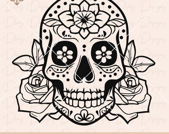 Sugar skull svg,  mexican skull png, skull tattoo roses svg, skull head cut files, skull clipart, sugar skull cut file, skull vector svg.