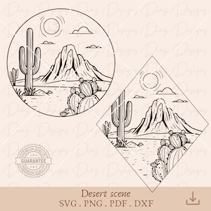 Paysage désertique svg, clipart désert, scène désertique cricut, vecteur désert, scène cactus png, paysage cactus png, désert occidental.