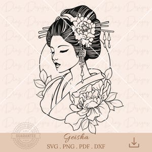 Geisha floral svg, diseño tatuaje geisha svg, tatuaje japones clipart, geisha flores png, archivo corte geisha, geisha flor cerezo cricut.