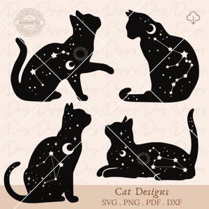 Gato celestial svg, silueta gato clipart, archivo corte gato místico, gato luna cricut, gato negro svg, gato mágico, contorno gato vector.