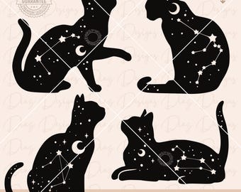 Celestial cat svg, cat silhouette clipart, mystical cat cut file, moon star cat cricut, black cat svg, magical cat vector, cat outline png.