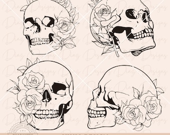 Skull roses clipart, flower skull svg, skull head svg, skull tattoo png, roses tattoo clipart, skull head cricut, rose skull cut file.