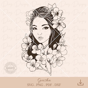 Geisha sakura svg, geisha japonesa clipart, diseño tatuaje geisha svg,geisha flores png, archivo corte geisha, geisha flor cerezo cricut.