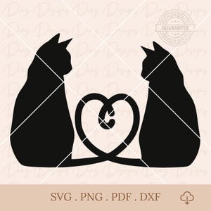 Silhouette de couple de chats svg, contour de cœur de chat png, amoureux des chats amoureux svg, silhouette de chat noir cricut, clipart de cœur d'amoureux des chats.