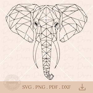 Peut inclure: Illustration géométrique en noir et blanc d'une tête d'éléphant, composée de lignes géométriques. Le design inclut des défenses et de grandes oreilles. Le texte "SVG. PNG. PDF. DXF" est également présent.