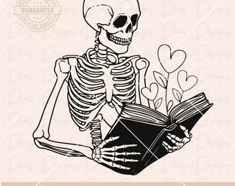 Skeleton reading svg, skull reader cricut, skull book lover png, skeleton holding book cut file, librarian png, bookish cricut, library png.