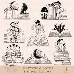 Puede incluir: Ocho ilustraciones en blanco y negro de libros místicos con varios elementos decorativos, incluyendo lunas, cristales, serpientes y hongos. El texto "8 MYSTICAL BOOKS SVG. PNG. PDF. DXF" está en la parte inferior de la imagen.