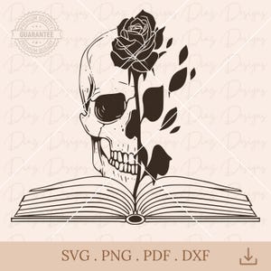 May include: A black and white illustration of a skull with a rose growing out of the top of its head. The rose is in bloom and has petals that are curled and flowing. The skull is looking to the right and has a book open in front of it. The book is open to a page with text on it. The image is in a vintage style.