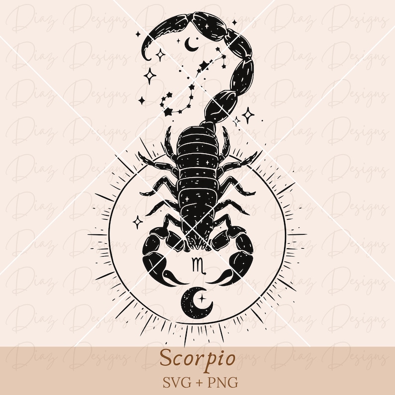 May include: Black and white illustration of a scorpion with a constellation of stars above it. The scorpion is surrounded by a circle with a crescent moon and the letter "m" inside. The text "Scorpio" and "SVG + PNG" are below the image.