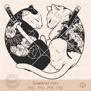 Samuraikat svg, Japanse samurai kat png, samurai-snijbestand, samurai-clipart, hartkat vector, samurai-tatoeage svg, samurai cricut