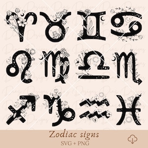 Segno zodiacale svg, simbolo svg, file di taglio zodiacale, oroscopo svg, clipart segno zodiacale, bundle svg zodiacale, clipart fiori zodiacali.