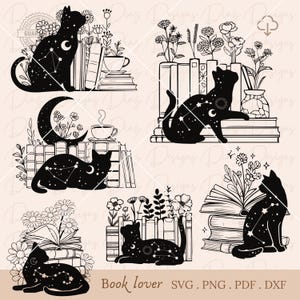 Libro floreale svg, libro gatto png, clipart libro botanico, lettura floreale svg, file di taglio amante dei gatti, gatto mistico svg, vettore biblioteca