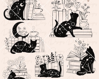 book cat svg, floral book svg, cat reading svg, book lovers png, mystical svg, wildflower book svg, stacked books svg, books vector cut file