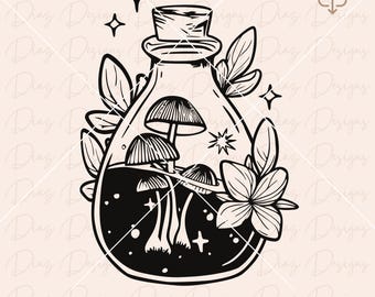 Magic potion bottle svg, mystical bottle png, witchy svg, magic mushroom svg, floral mushroom svg, moon mushroom svg, boho mushroom clipart.