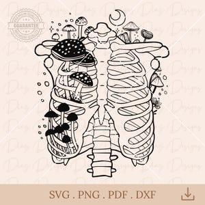 May include: A black and white line drawing of a ribcage with mushrooms growing inside and around it. The mushrooms are stylized and have a whimsical feel.
