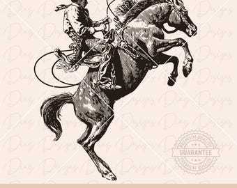 Cowboy horse svg, retro cowboy bucking bronco svg, riding rodeo horse png, western scene cricut, desert scene png, wild west horse ranch svg