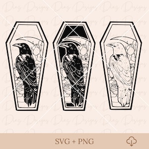 May include: Three black and white illustrations of a raven inside a coffin. The raven is perched on a branch with roses and a crescent moon behind it. The raven has a starry pattern on its feathers.